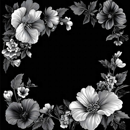 A grayscale floral frame featuring large, detailed blooms arranged symmetrically around a black background. Elegant and timeless design.の写真素材