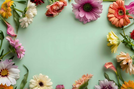 A vibrant collection of various flowers creates a beautiful frame on a mint green background....