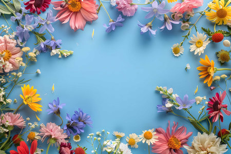 A vibrant frame of assorted summer flowers on a light blue background. Perfect for springtime greetings.の写真素材