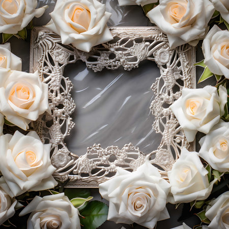 A silver frame with intricate detailing is surrounded by beautiful white roses, creating an elegant...