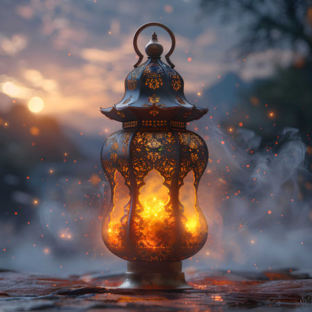 A glowing Ramadan lantern casts a warm, mystical light against a smoky, twilight backdrop....