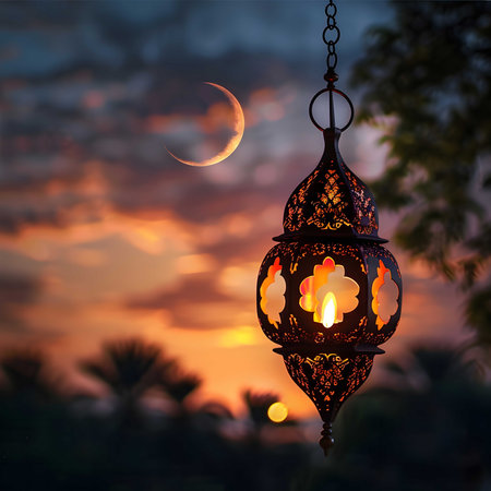 A beautiful Ramadan sunset scene with a lit lantern hanging against a backdrop of the moon and a vibrant sky.の写真素材