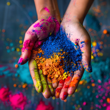 Close-up of hands stained with colorful Holi powder, symbolizing joy and celebration.