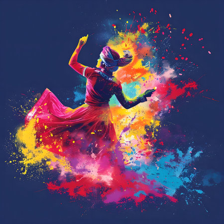 A captivating image of a dancer, engulfed in a vibrant explosion of colors. The dynamic pose and splashes create an artistic spectacle.の写真素材