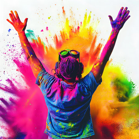 A man joyfully celebrates Holi, covered in vibrant powder, expressing pure happiness.