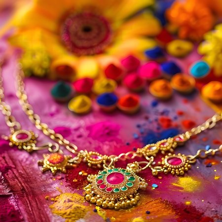 A stunning gold necklace with vibrant gemstones rests on a bed of Holi powder. The colors are bright and joyful, celebrating the festival's spirit.の写真素材