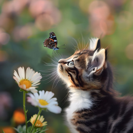 A cute kitten looks at a butterfly amidst blooming daisies. A beautiful scene of nature.の写真素材