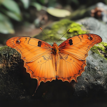 A vibrant orange butterfly rests on a mossy rock. Close-up photography captures intricate details.の写真素材