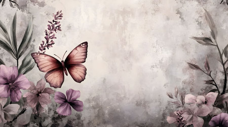 A digital illustration of a butterfly surrounded by delicate flowers and leaves. The color palette is soft and calming, creating a serene atmosphere.の写真素材