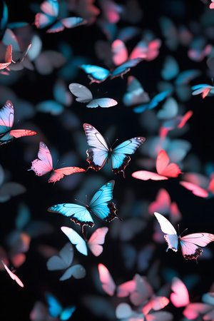 A captivating image of numerous neon butterflies in flight against a dark backdrop. Their vibrant colors create a mesmerizing spectacle.の写真素材