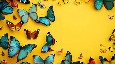 A vibrant collection of butterflies arranged on a sunny yellow background. A cheerful summer scene.の写真素材