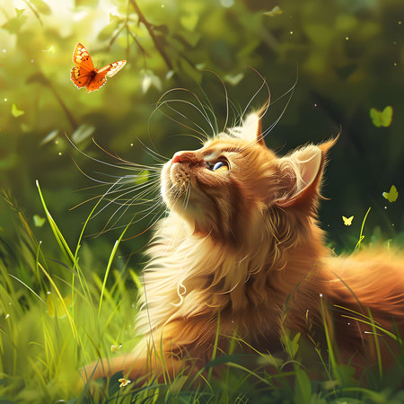 A fluffy ginger cat looks up at a butterfly in a sun-drenched meadow. The scene is peaceful and enchanting.の写真素材