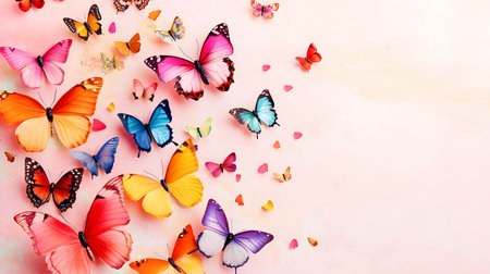 A beautiful array of vibrant butterflies, showcasing a myriad of colors, flutter across a soft pink background. A delightful and artistic imageの写真素材