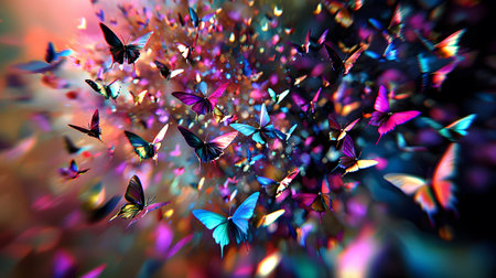 A vibrant explosion of colorful butterflies taking flight, creating a magical and dreamlike scene.の写真素材