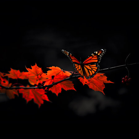 A monarch butterfly rests on vibrant autumn leaves, captured in a dark forest setting. The image...