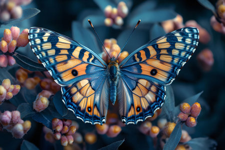 A stunning butterfly with vibrant wings rests on dark flowers.