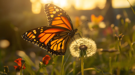 A Monarch butterfly rests on a fluffy dandelion at sunset. Warm golden light illuminates the scene.の写真素材