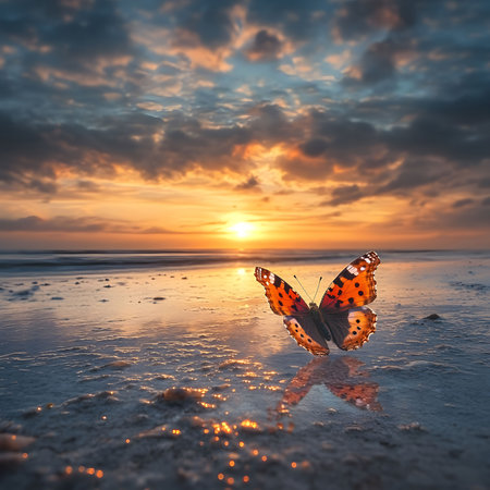 A lone butterfly takes flight as the sun sets, casting a warm golden glow over the tranquil beach. Serenity and peace.の写真素材
