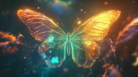 A vibrant digital art piece featuring a luminous butterfly with iridescent wings. Surreal and...