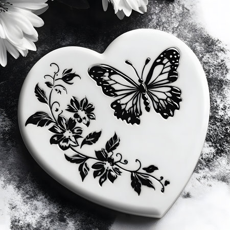 A heart-shaped decorative plate featuring a black butterfly and floral design against a white background.の写真素材