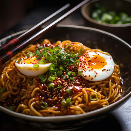 A vibrant bowl of spicy noodles topped with perfectly soft-boiled eggs and fresh spring onions. A...