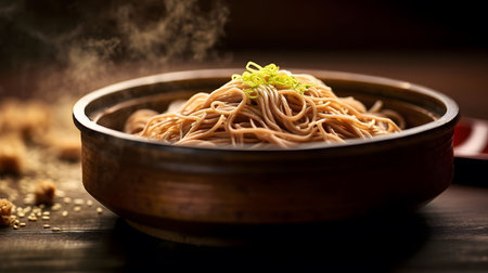 A steaming bowl of soba noodles, garnished with green onions, sits on a dark wooden table. The image is warm and inviting.の写真素材