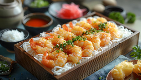 Close-up of a wooden box filled with tempura shrimp served over rice noodles. Garnished with green onions.の写真素材