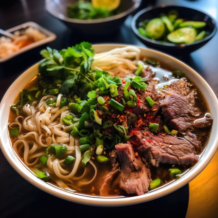 A tempting bowl of beef noodle soup, rich broth, tender beef, fresh herbs.の写真素材