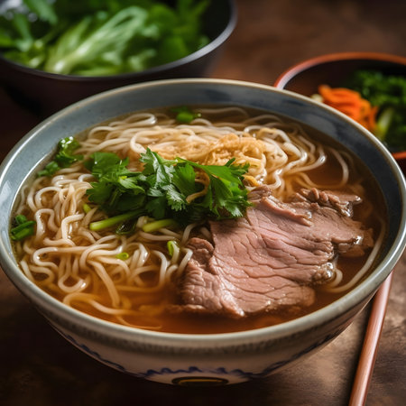 A vibrant bowl of beef noodle soup, garnished with fresh herbs. A perfect comfort food.