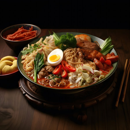 A vibrant ramen bowl filled with noodles, meat, veggies, and a boiled egg. Spicy and delicious!