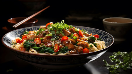 A mouthwatering image of chicken noodles stir-fry, garnished with sesame seeds and fresh herbs....