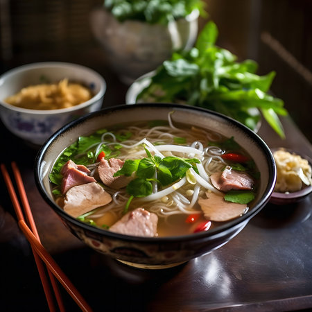 A steaming bowl of authentic Vietnamese Pho, featuring tender pork, rice noodles, and aromatic...