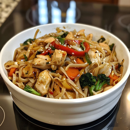 A vibrant stir-fry featuring tender chicken, colorful vegetables, and flavorful noodles. A perfect weeknight meal.の写真素材
