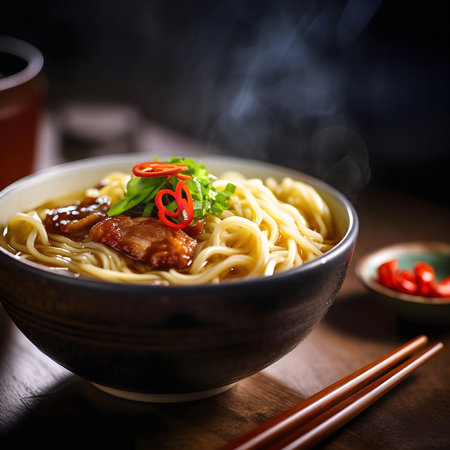 A steaming bowl of delicious noodles, garnished with chilli and spring onions. Perfect for a comforting meal.の写真素材