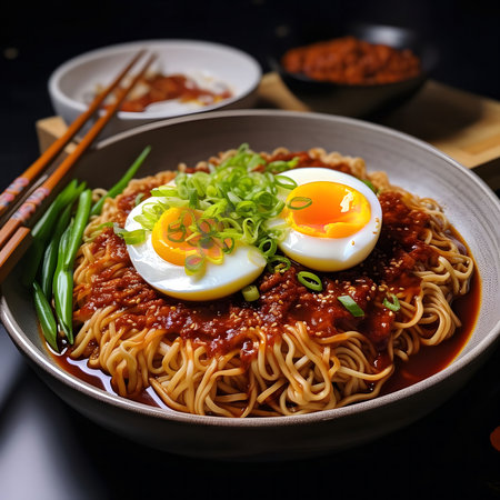 A delicious bowl of spicy noodles topped with soft boiled eggs and fresh green onions.の写真素材