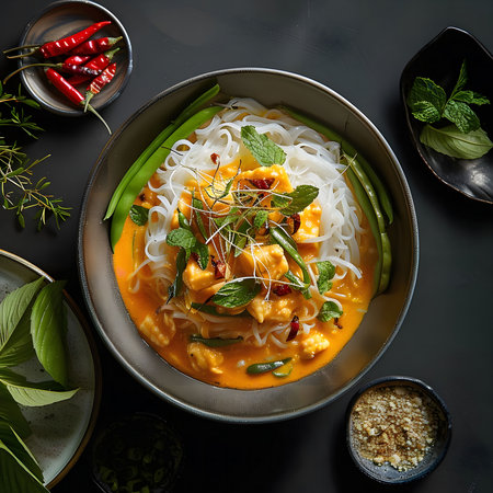 A vibrant Thai red curry with tender chicken, rice noodles, and fresh herbs served in a rustic bowl. A delicious and flavorful meal.の写真素材