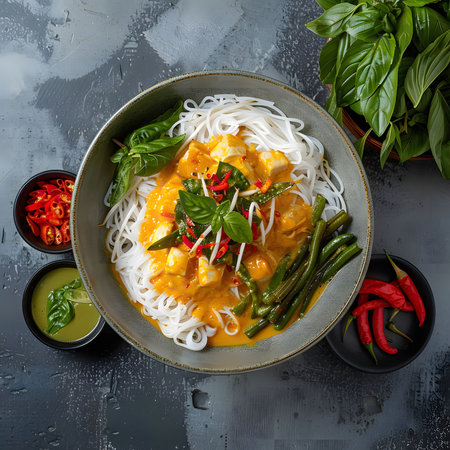 A vibrant Thai red curry with chicken, rice noodles, and fresh vegetables. A delicious and flavorful meal.の写真素材