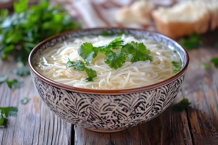A close-up of a bowl of steaming Asian noodle soup, garnished with fresh cilantro.の写真素材