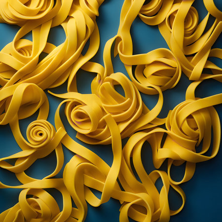 A captivating image of golden pasta ribbons artfully arranged against a deep blue backdrop. The...
