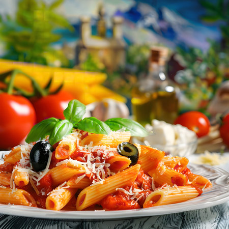 Close-up of a plate of penne pasta with a rich tomato sauce, garnished with fresh basil, olives, and cheese.の写真素材