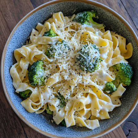 Creamy fettuccine alfredo with broccoli. A simple yet satisfying pasta dish.の写真素材