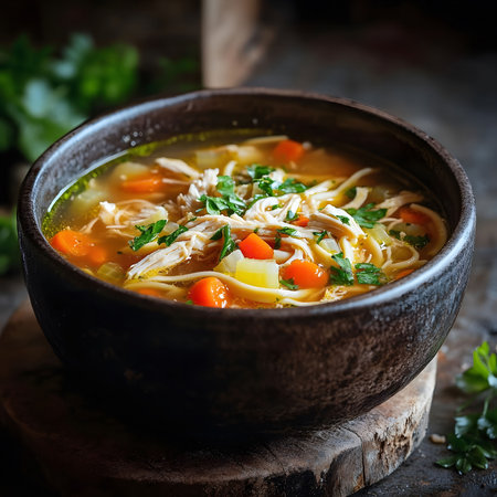 A hearty bowl of homemade chicken noodle soup, brimming with tender chicken, egg noodles, and fresh vegetables.の写真素材