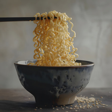 A close-up shot of instant noodles being lifted from a rustic bowl with sesame seeds. Simple and tasty.の写真素材