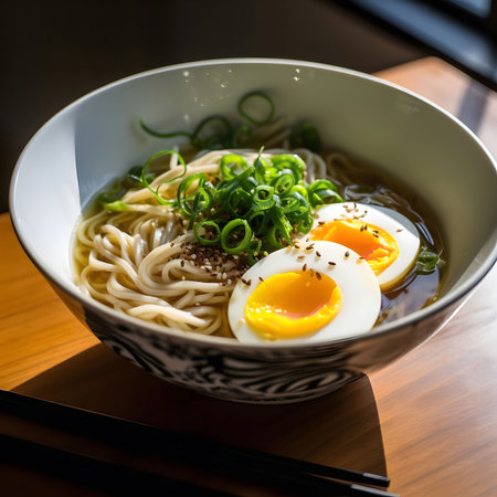 A close-up shot of a bowl of ramen noodles topped with soft-boiled eggs and spring onions.