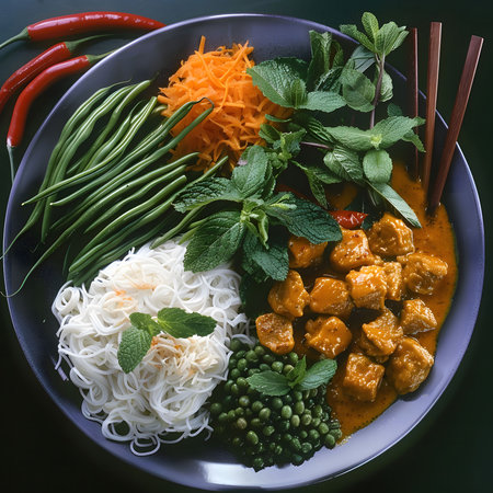 A vibrant plate of Thai red curry featuring tofu, rice noodles, and an array of fresh herbs. A delicious and healthy meal.の写真素材