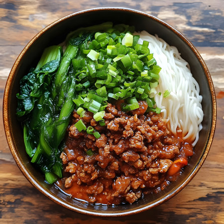 A flavorful bowl of homemade spicy minced pork noodles, topped with fresh bok choy and spring onions. Perfect for a quick and satisfying meal.の写真素材