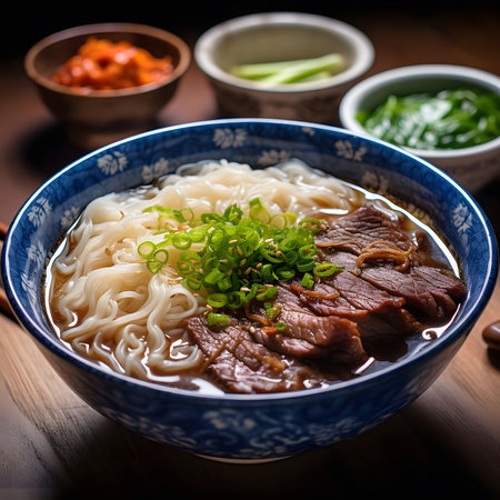 A flavorful beef noodle soup, garnished with green onions and sesame seeds, served in a blue bowl.の写真素材
