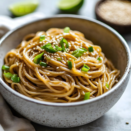 A close-up of a bowl of sesame noodles, garnished with sesame seeds and green onions. The noodles are golden brown and appear delicious.の写真素材