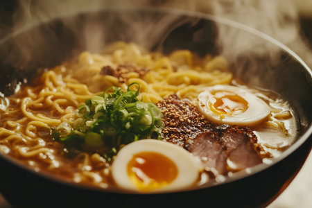 Close-up of a steaming bowl of ramen noodles, with pork, eggs, and scallions.の写真素材