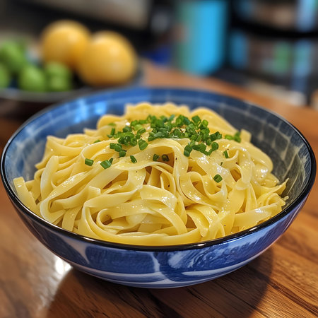 A delicious bowl of aglio e olio pasta, garnished with fresh chives. This simple Italian recipe is a perfect example of how great flavors can be achieved with minimal ingredients.の写真素材